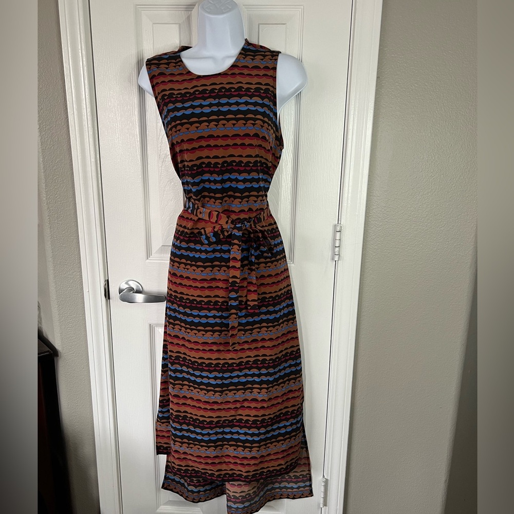 Ilana Kohn Belted Midi Dress Silk and cotton blend Sleeveless Geometric - Picture 2 of 10